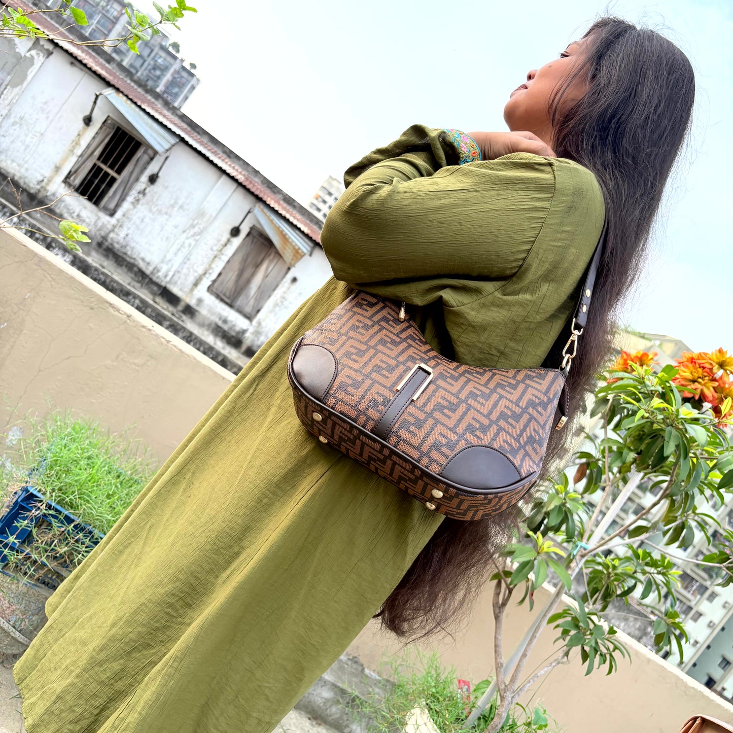 Luxury Monogram Crescent Shoulder Bag for Women –  Brown