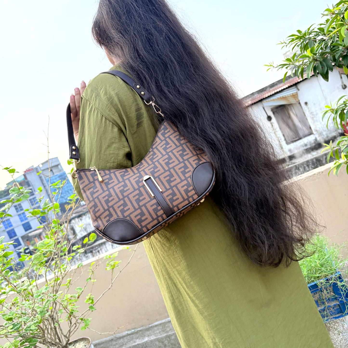 Luxury Monogram Crescent Shoulder Bag for Women –  Brown