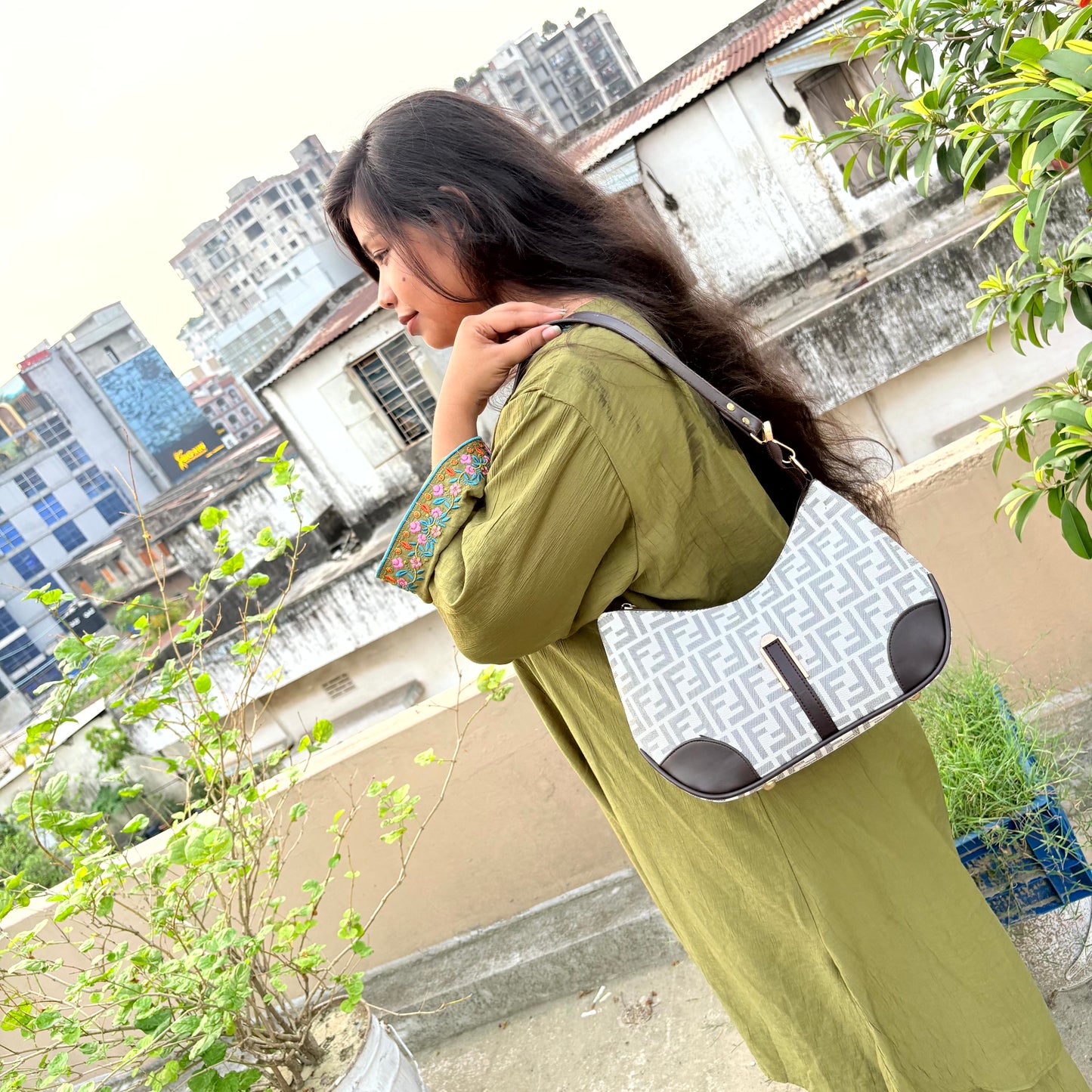 Luxury Monogram Crescent Shoulder Bag for Women – White & Brown