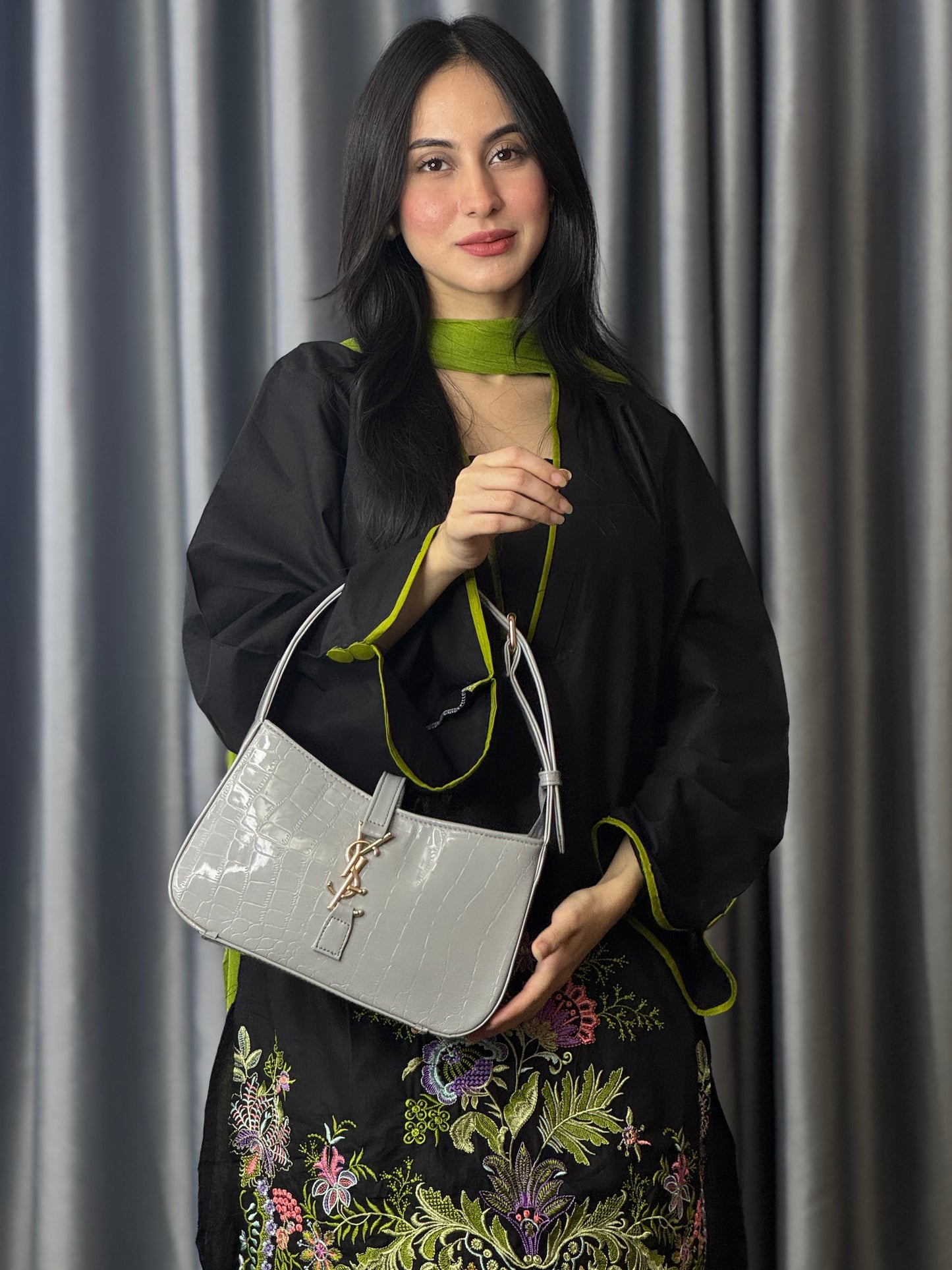 Silver Croc-Texture Shoulder Bag with Gold Accent