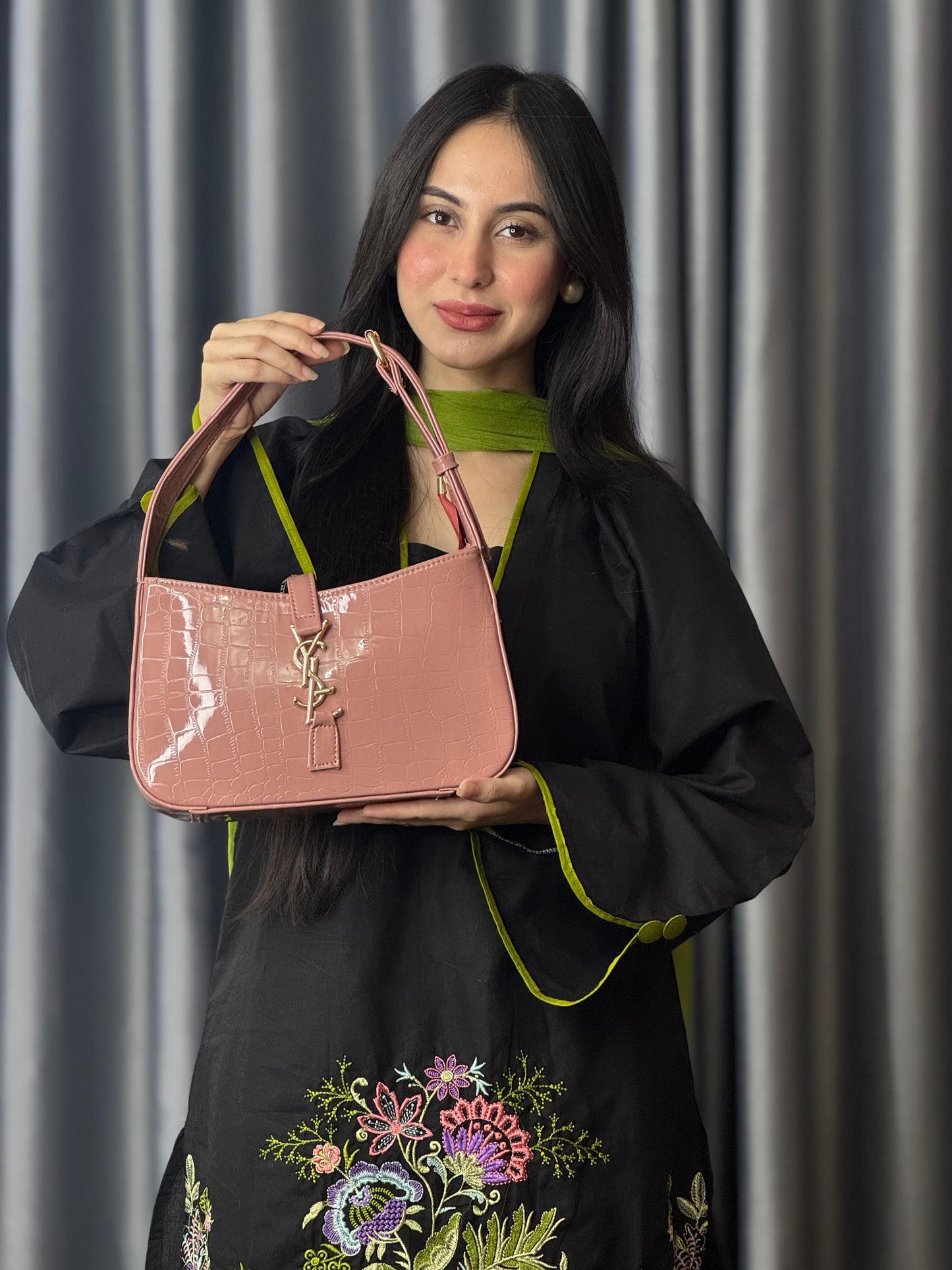Pink Croc-Texture Shoulder Bag with Gold Accent
