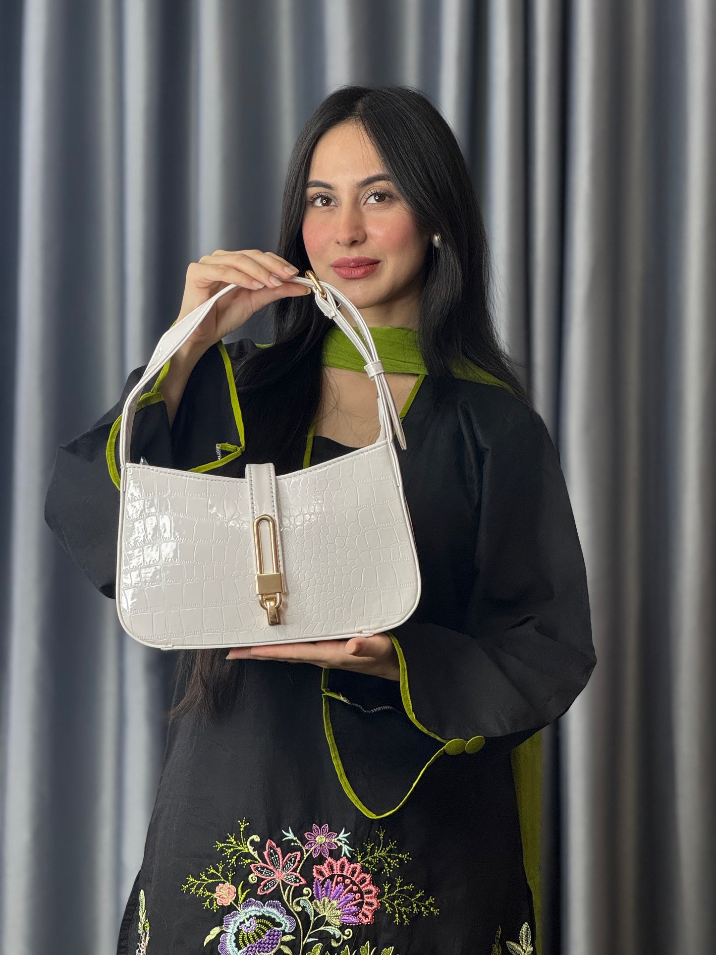 White Croc-Texture Shoulder Bag with Gold Lock Detail