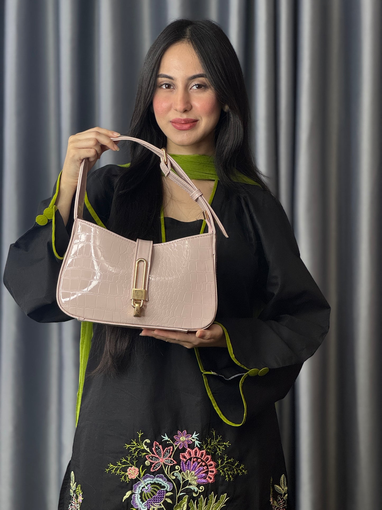 Pink Croc-Texture Shoulder Bag with Gold Lock Detail