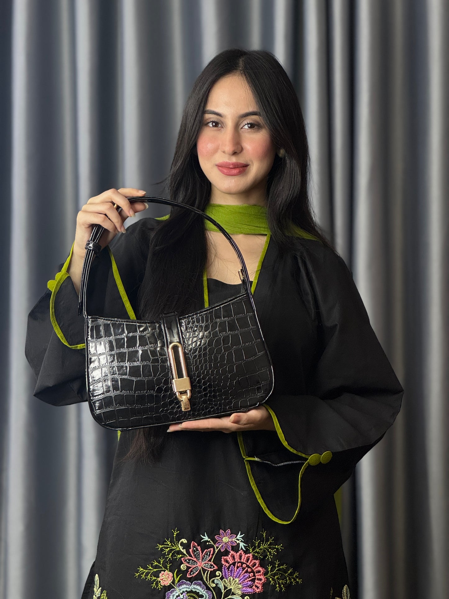 Black Croc-Texture Shoulder Bag with Gold Lock Detail