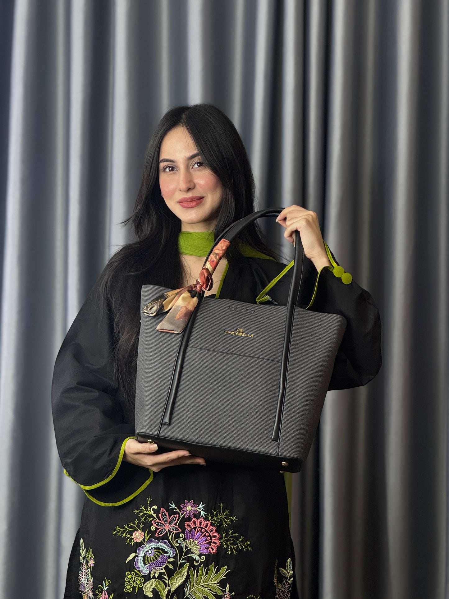 Black Textured Tote Bag with Scarf Detail