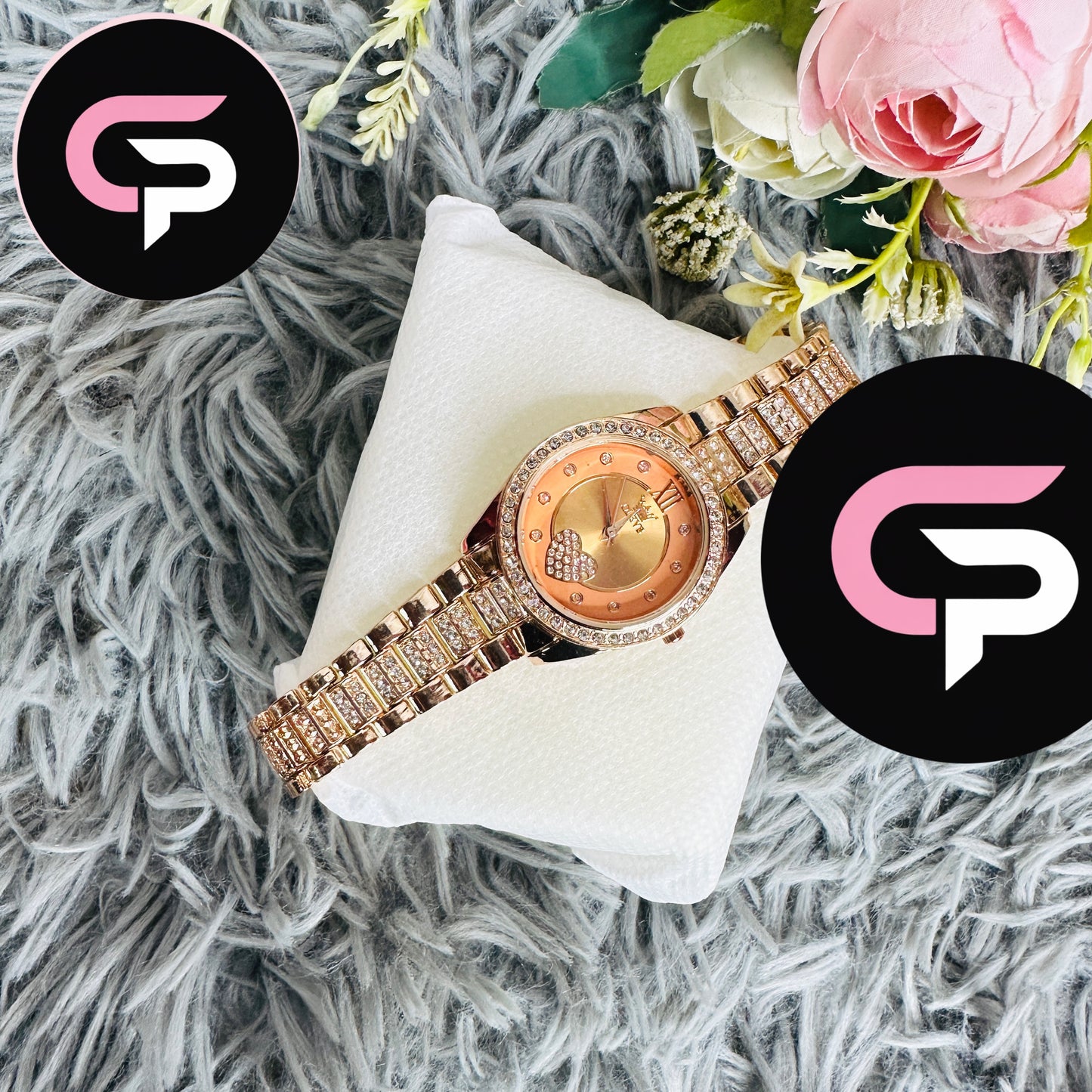Rose Gold Heart Dial Crystal Bracelet Watch for Women