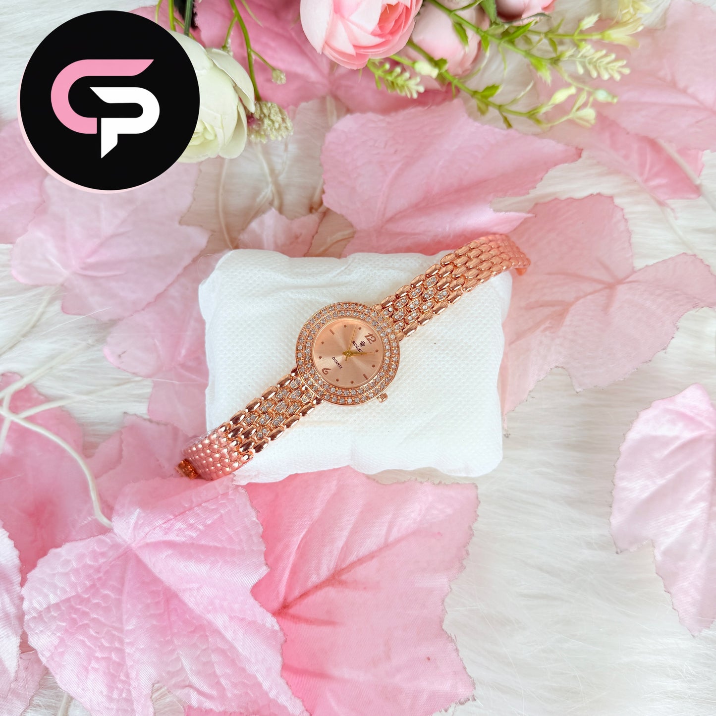 Gold Crystal Bezel Bracelet Watch for Women