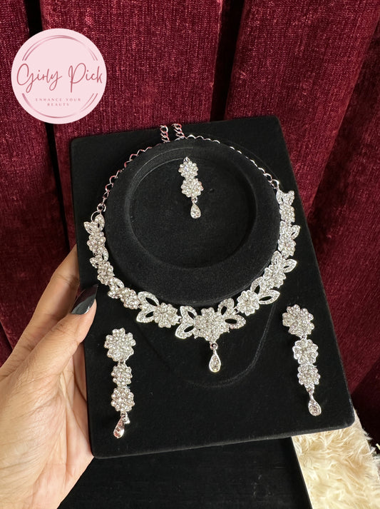 Silver-Tone Crystal Bridal Necklace Set with Matching