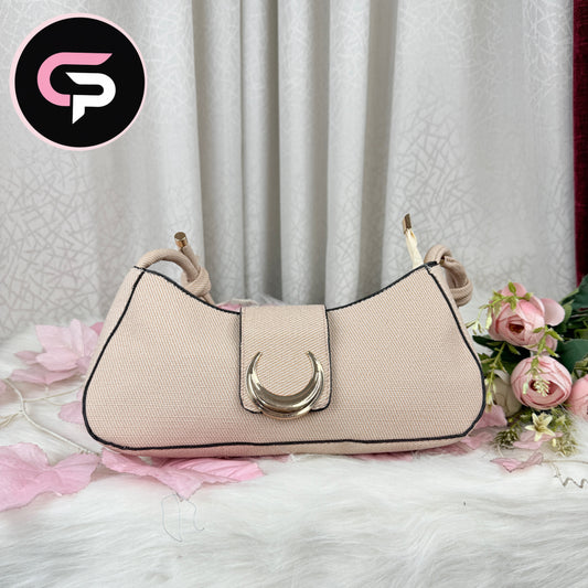 Off white Canvas Shoulder Bag with Gold Crescent Buckle