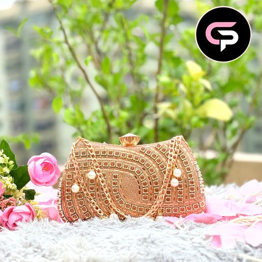 Luxury Gold Crystal Pearl Party Clutch Bag for Women | Premium Evening Handbag