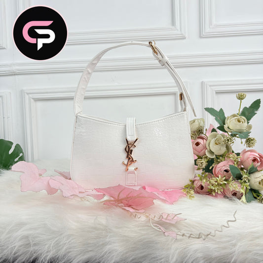 White Croc-Texture Shoulder Bag with Gold Accent