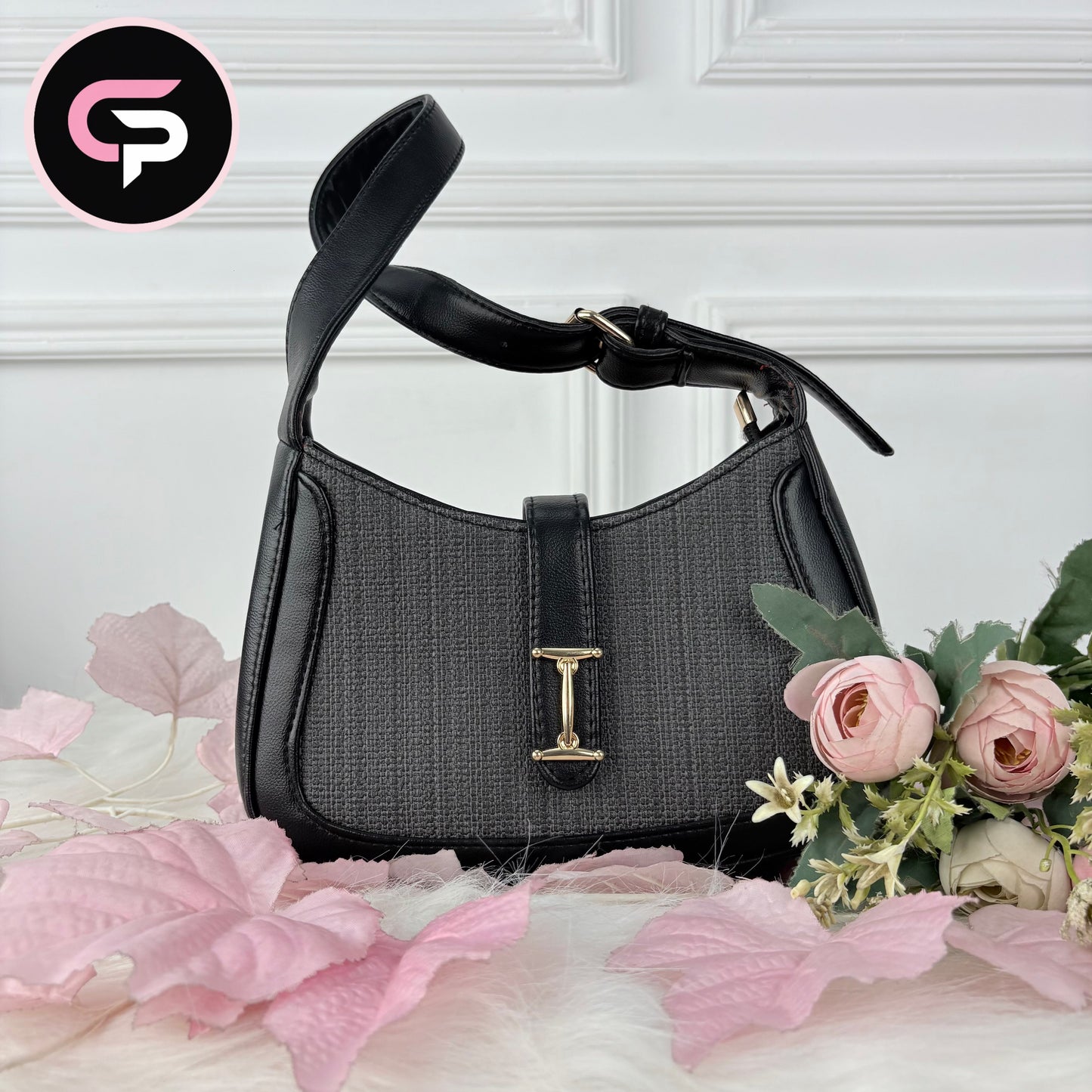 Black Textured Shoulder Bag with Adjustable Strap