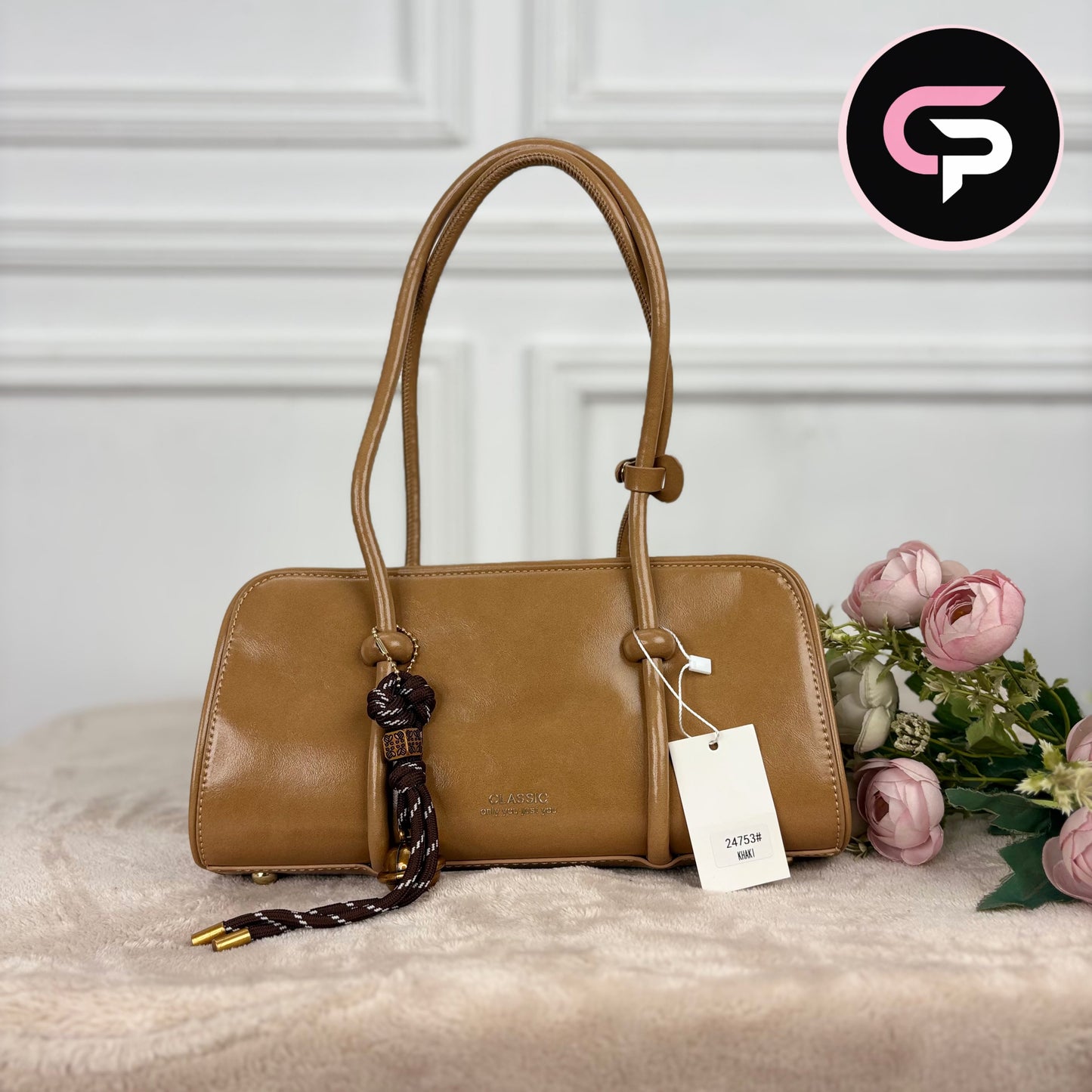 China Imported Classic Brown Top Handle Shoulder Bag for Women