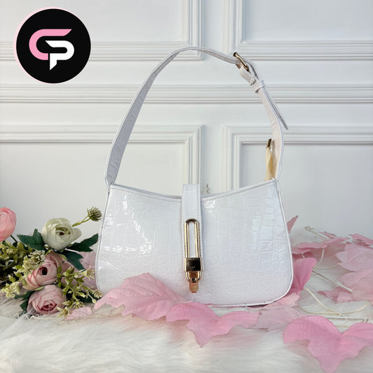 White Croc-Texture Shoulder Bag with Gold Lock Detail