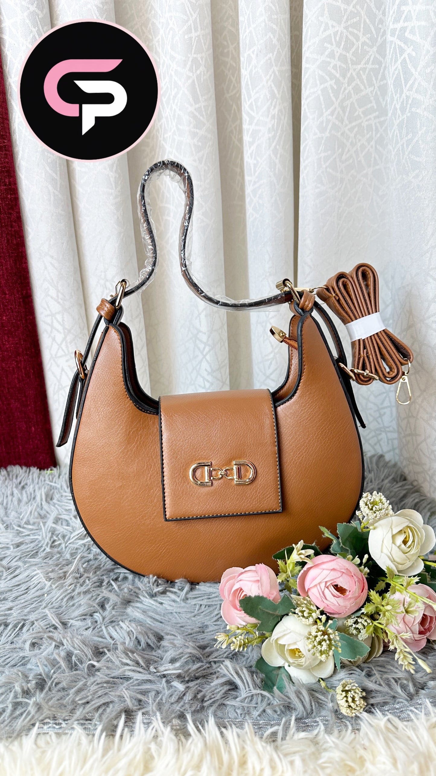 Blush Mustard Crescent Shoulder Bag with Gold Lock Detail