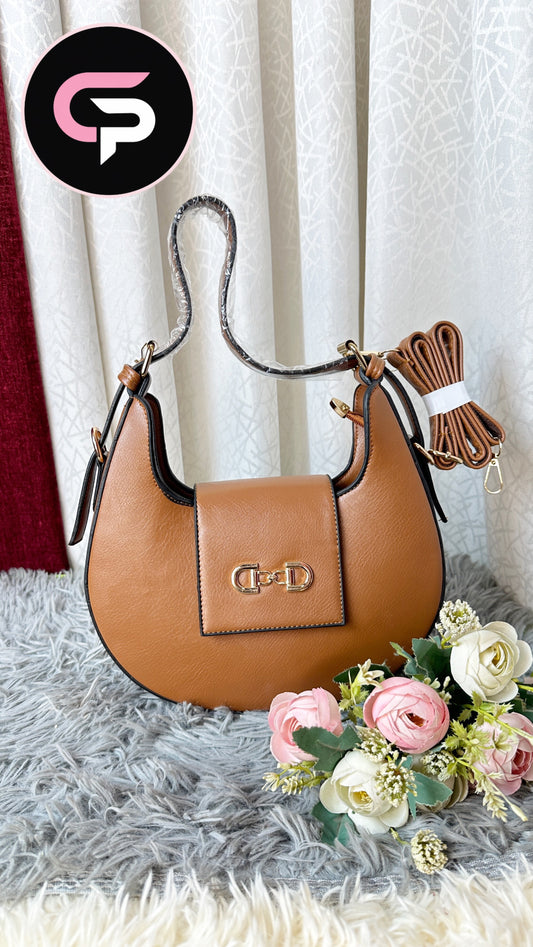Blush Mustard Crescent Shoulder Bag with Gold Lock Detail
