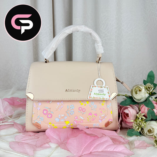 China Imported Floral Panel Beige Top Handle Handbag for Women