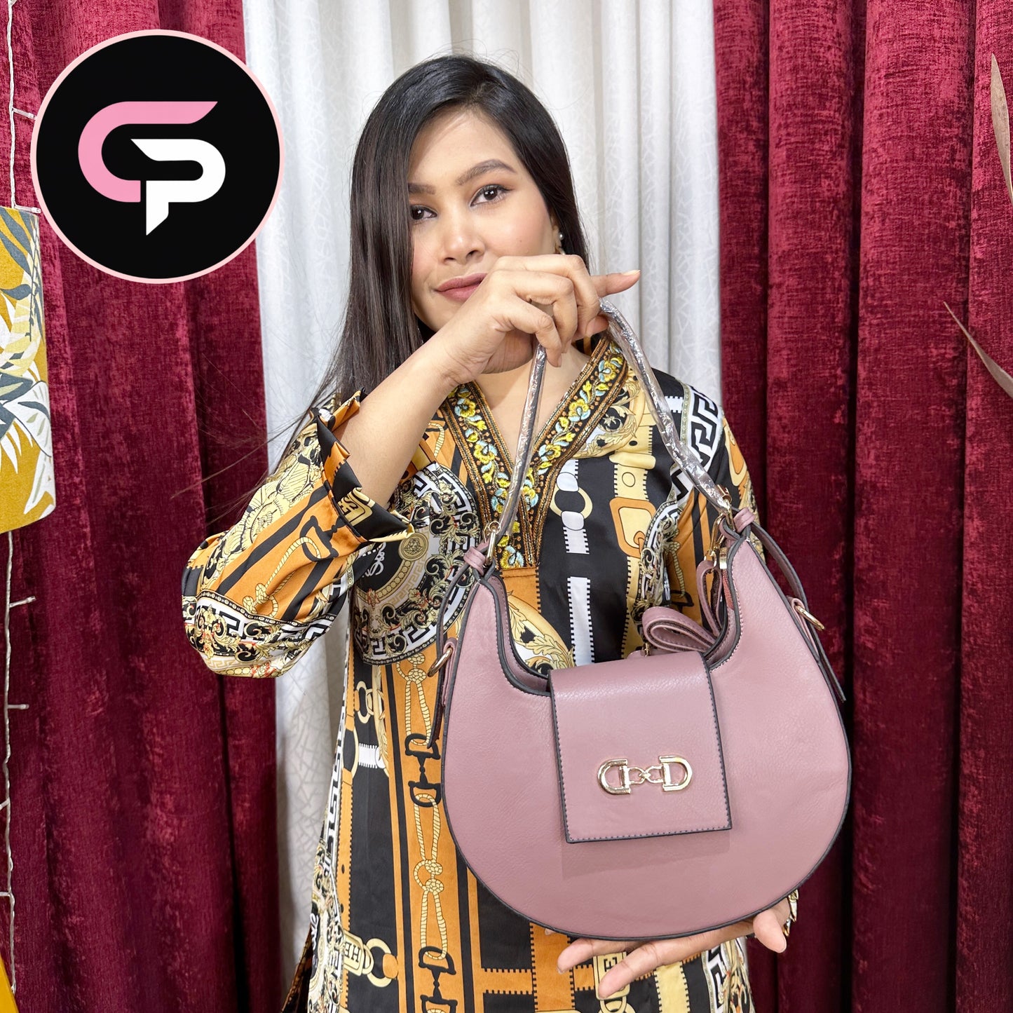 Blush onion Crescent Shoulder Bag with Gold Lock Detail