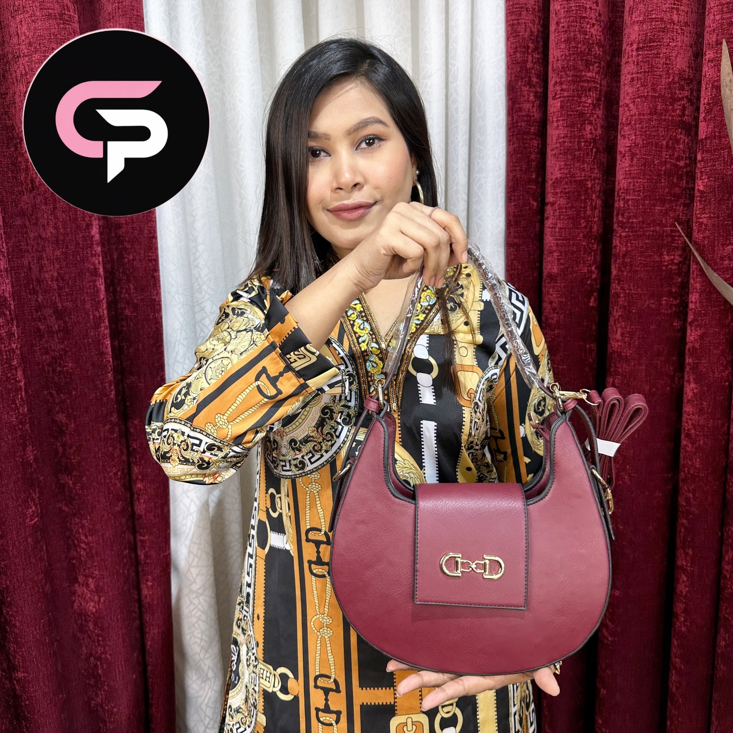 Blush maroon Crescent Shoulder Bag with Gold Lock Detail