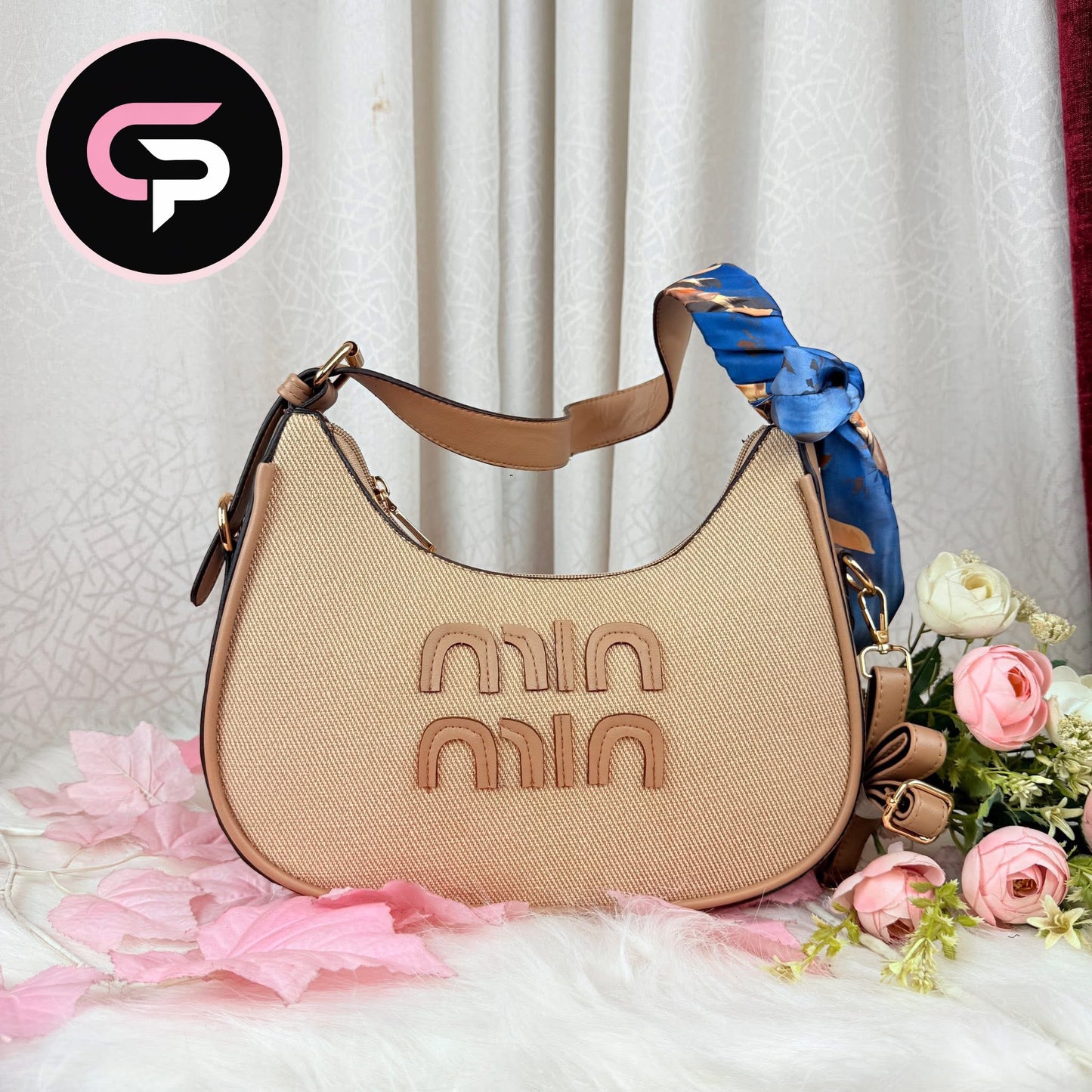 Beige Textured Shoulder Bag with Scarf Detail