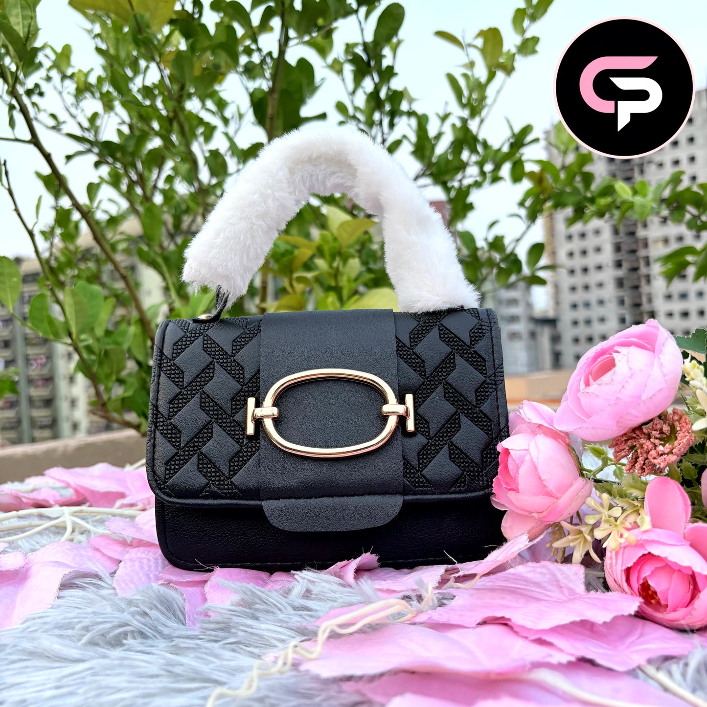 Luxury Fur Handle Mini Handbag for Women – black