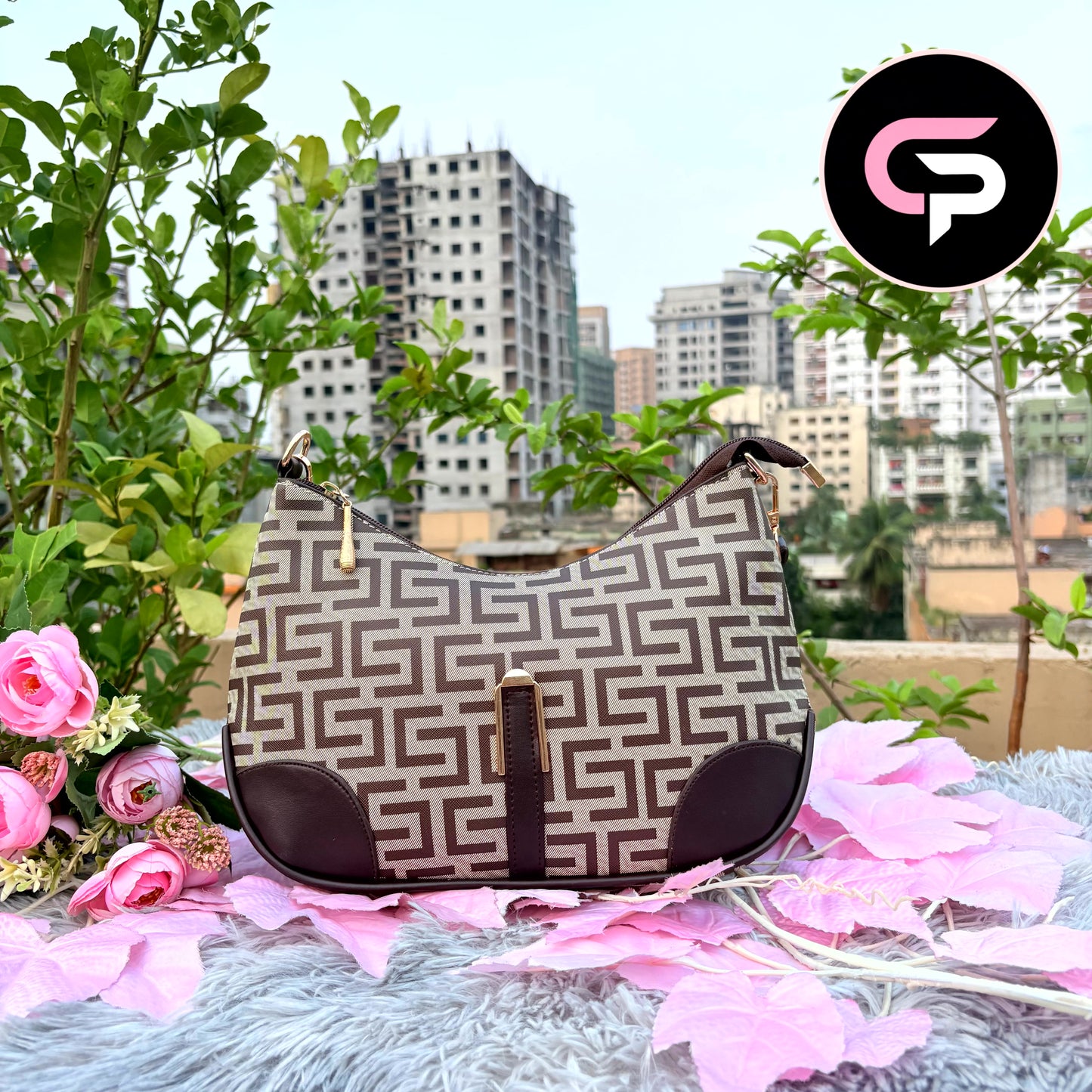 Luxury Monogram Crescent Shoulder Bag for Women –  Beige