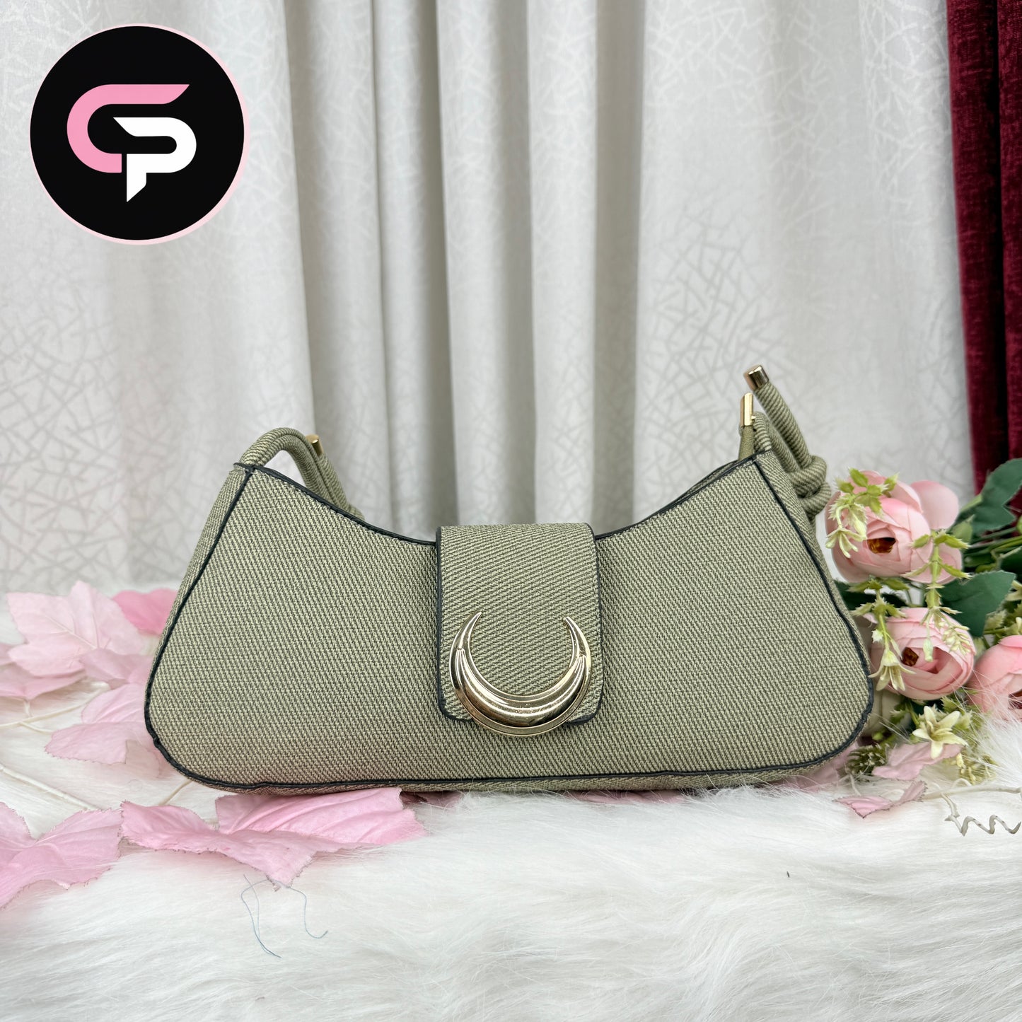 Green Canvas Shoulder Bag with Gold Crescent Buckle (Copy)