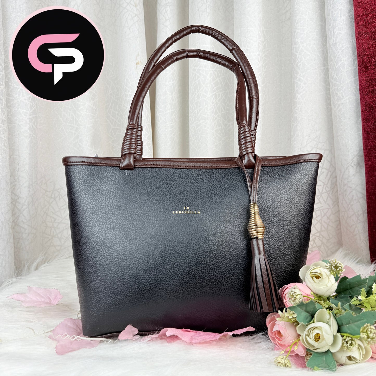 Black Textured Tote Bag with Tassel – Elegant Large Capacity Bag