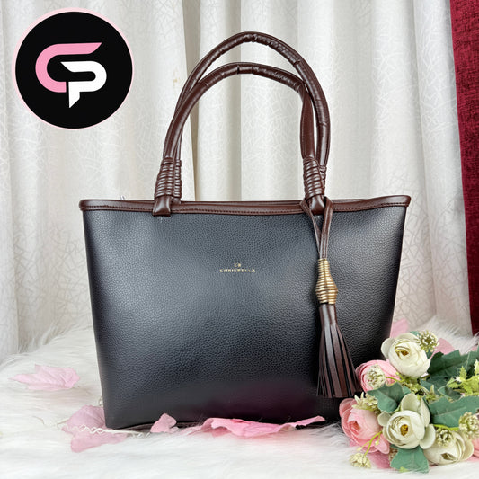 Black Textured Tote Bag with Tassel – Elegant Large Capacity Bag