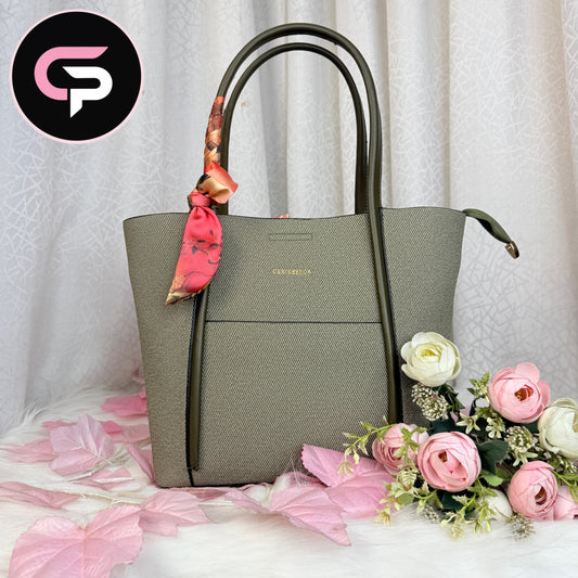 Olive Textured Tote Bag with Scarf Detail