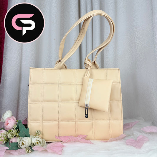 Beige Quilted Tote Bag with Mini Pouch – Elegant Everyday Bag