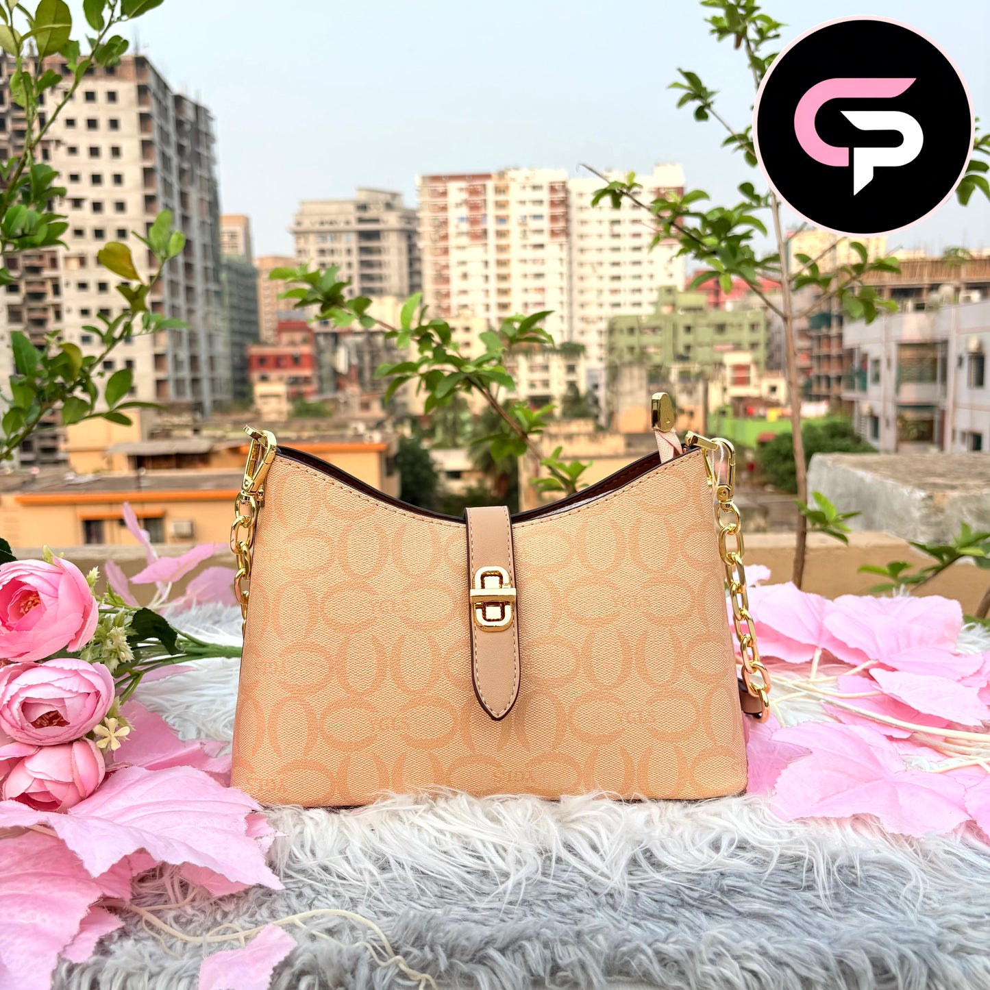 Elegant Beige Monogram Shoulder Bag with Gold Chain Strap