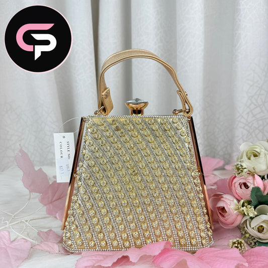 Golden Stone-Studded Party Bag for Women – Luxury Top Handle Bag