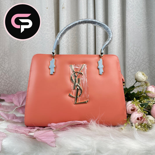 Elegant Metal Logo Top Handle Bag for Women – Structured Fashion Bag misty pink
