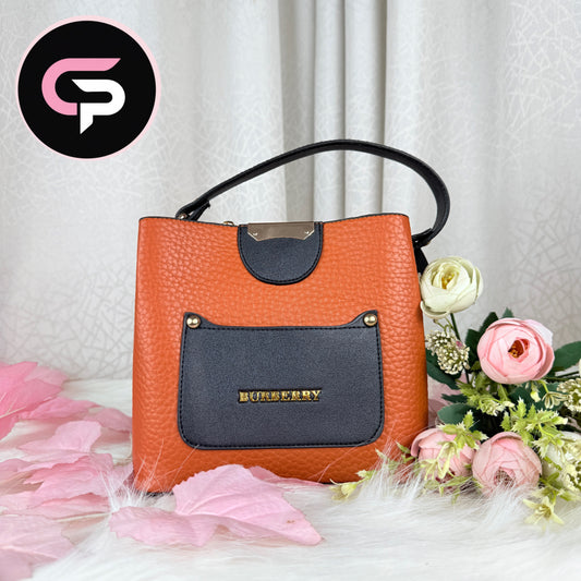 Orange Pebbled Mini Tote Bag with Front Pocket Detail