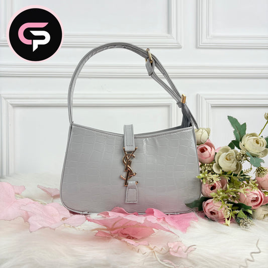 Silver Croc-Texture Shoulder Bag with Gold Accent