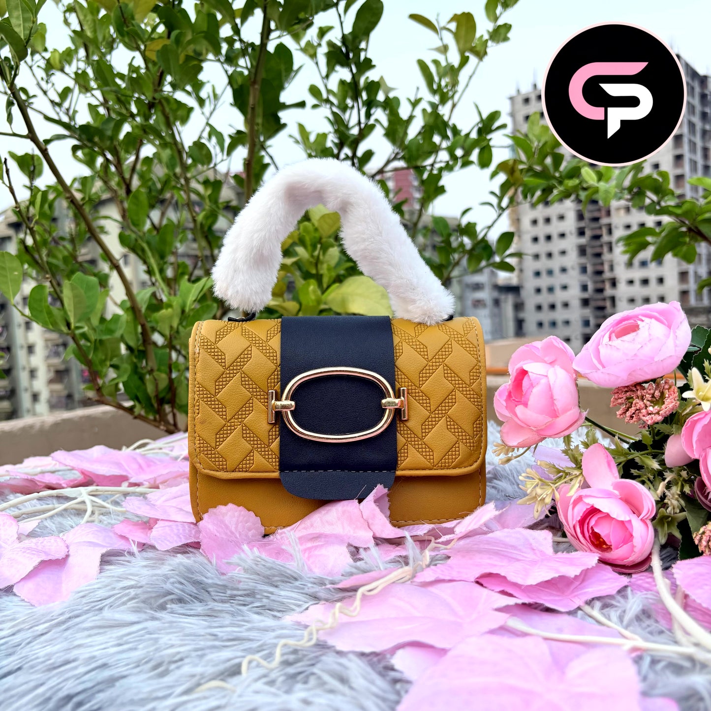 Luxury Fur Handle Mini Handbag for Women – Mustard Yellow