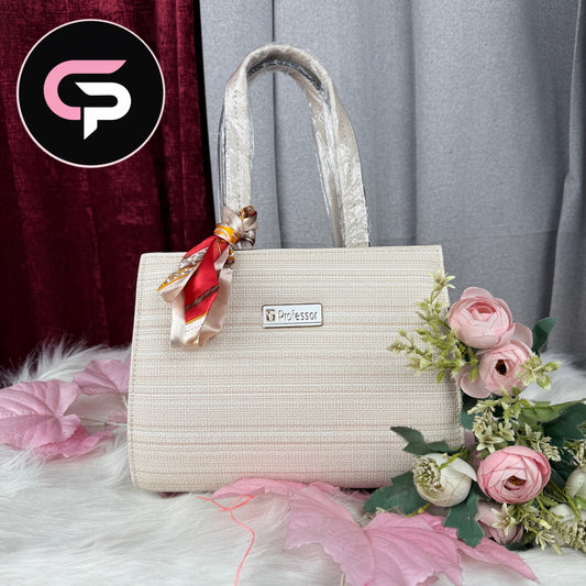 Beige Textured Handbag with Decorative Scarf Detail