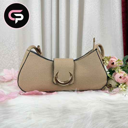 Beige Canvas Shoulder Bag with Gold Crescent Buckle