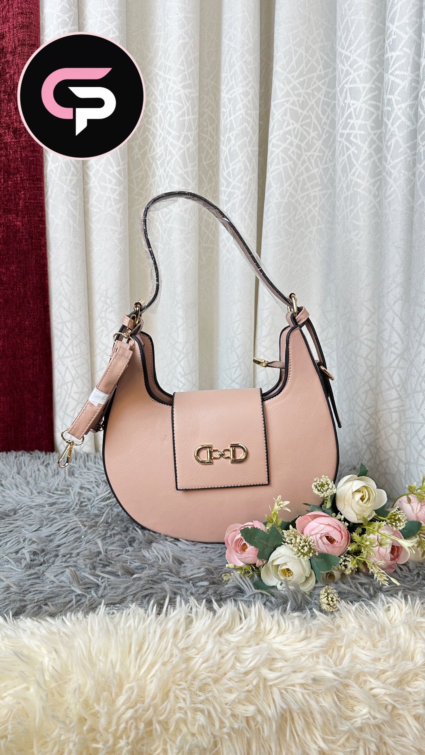 Blush Pink Crescent Shoulder Bag with Gold Lock Detail
