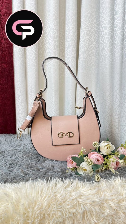 Blush Pink Crescent Shoulder Bag with Gold Lock Detail