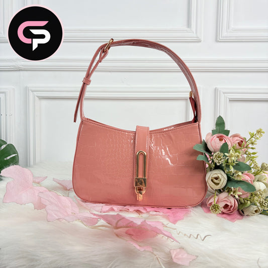Blush Pink Croc-Texture Shoulder Bag with Gold Lock Detail