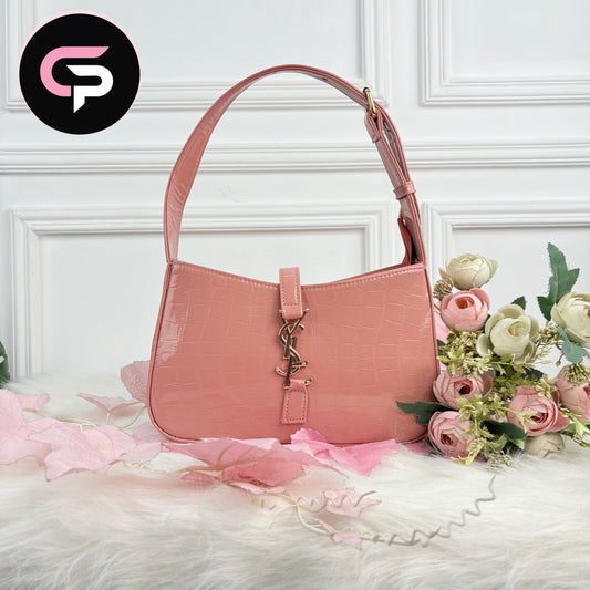 Pink Croc-Texture Shoulder Bag with Gold Accent