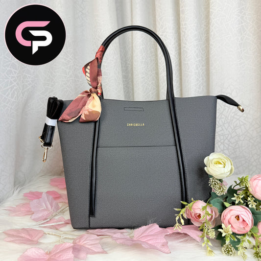 Black Textured Tote Bag with Scarf Detail