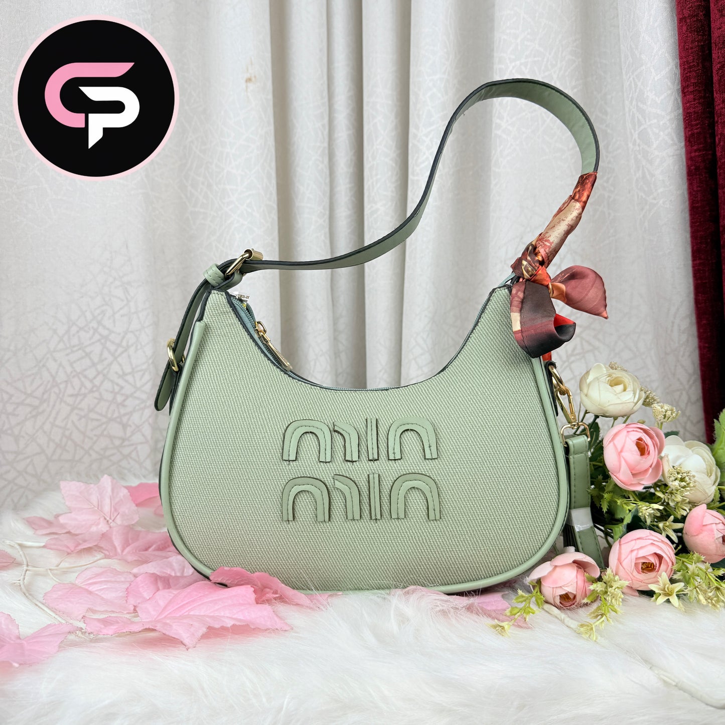 Olive Textured Shoulder Bag with Scarf Detail