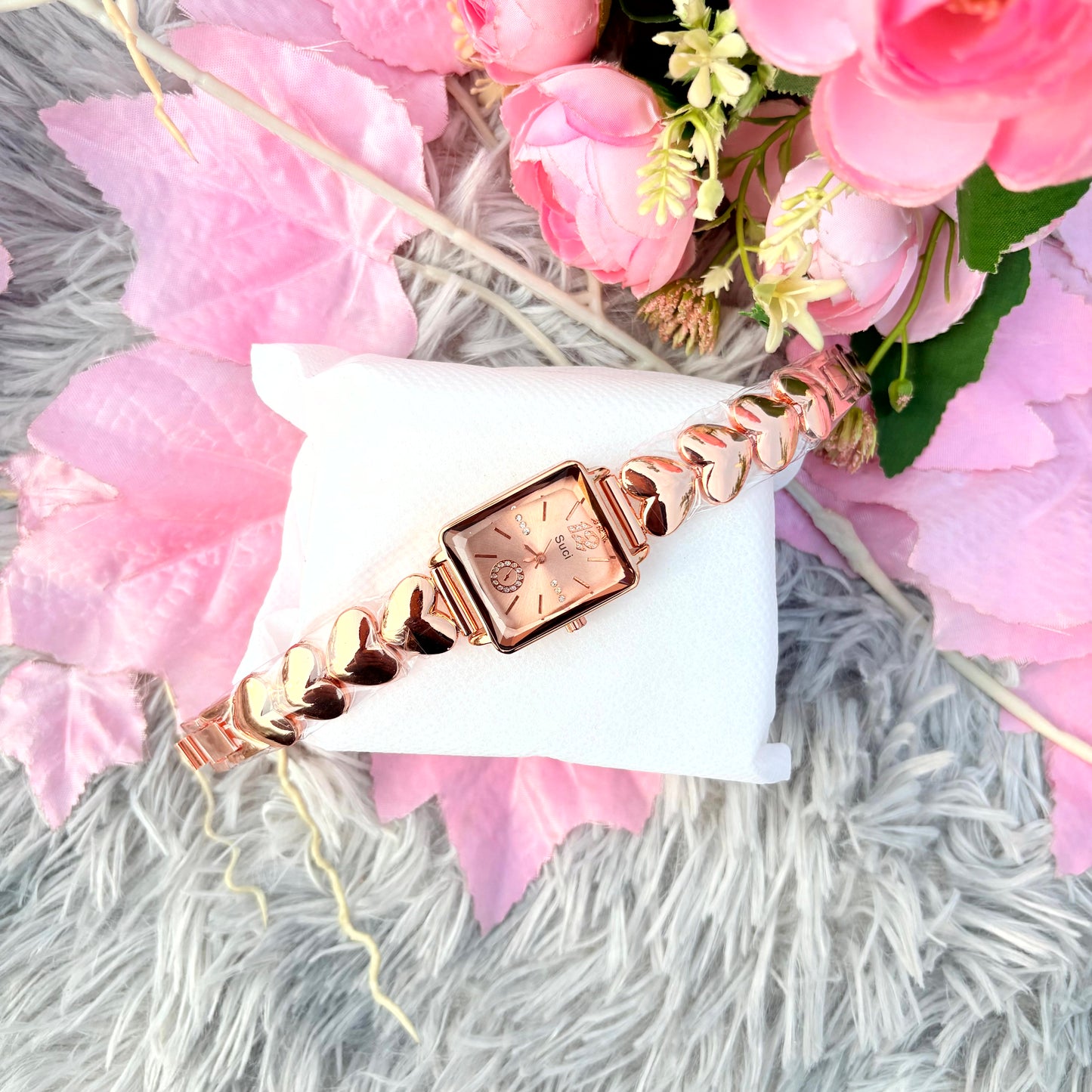 Luxury Rose Gold Heart Link Bracelet Watch for Women