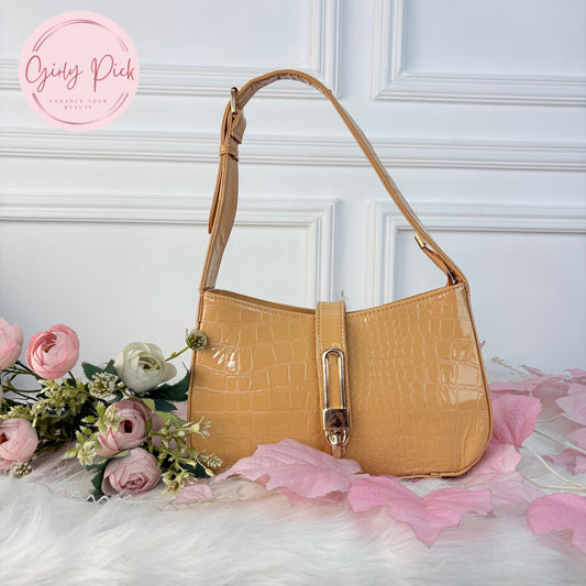 Gold Croc-Texture Shoulder Bag with Gold Lock Detail