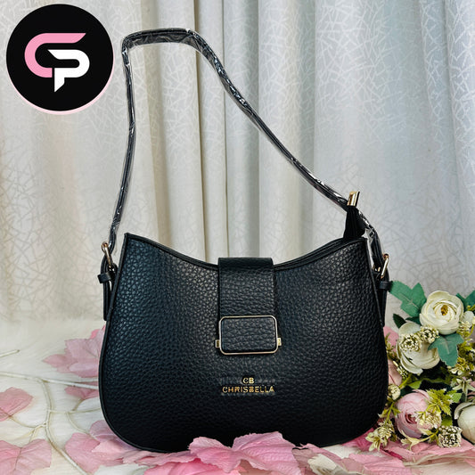 Black Pebbled Shoulder Bag with Adjustable Strap