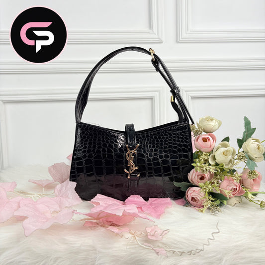 Black Croc-Texture Shoulder Bag with Gold Accent
