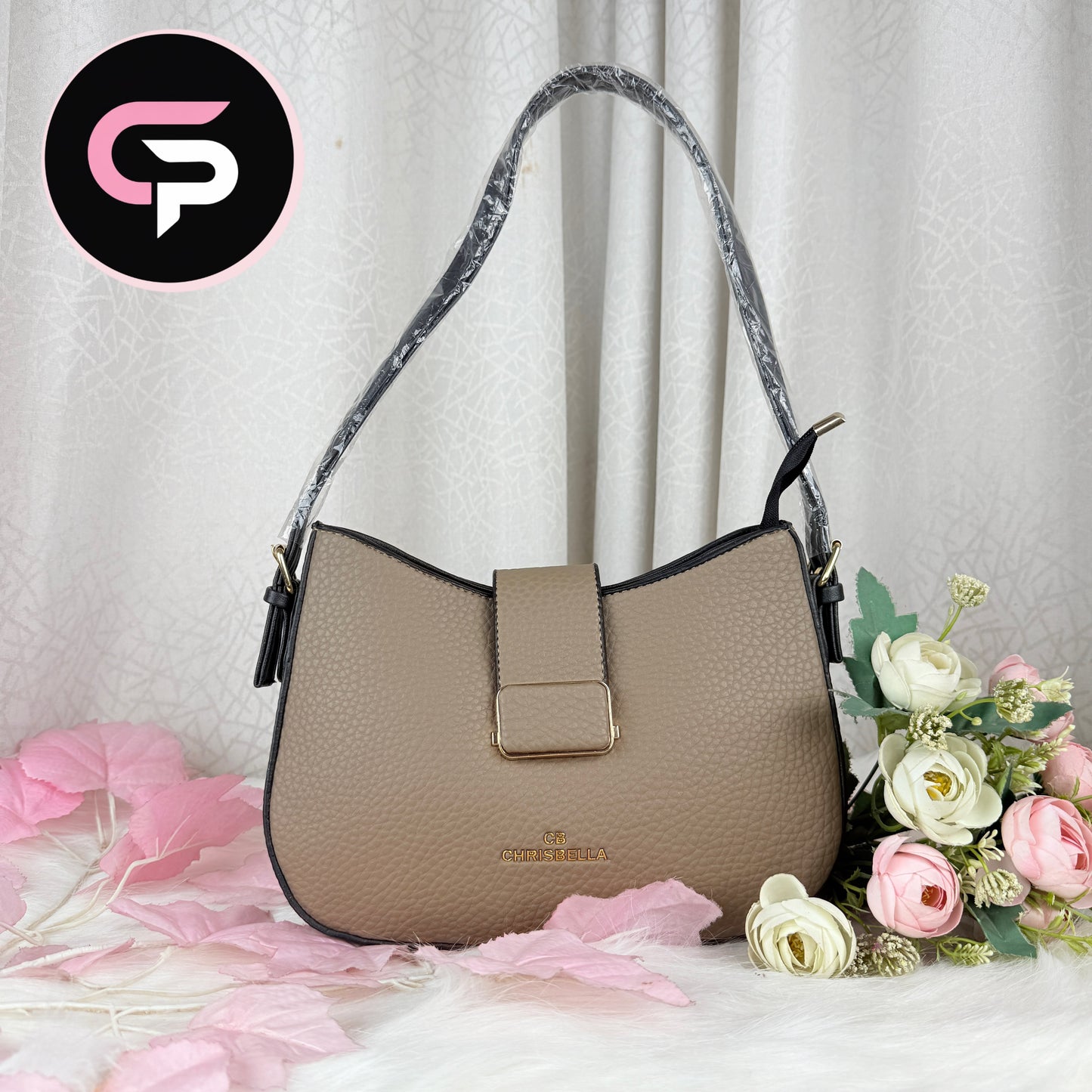 Taupe Pebbled Shoulder Bag with Adjustable Strap